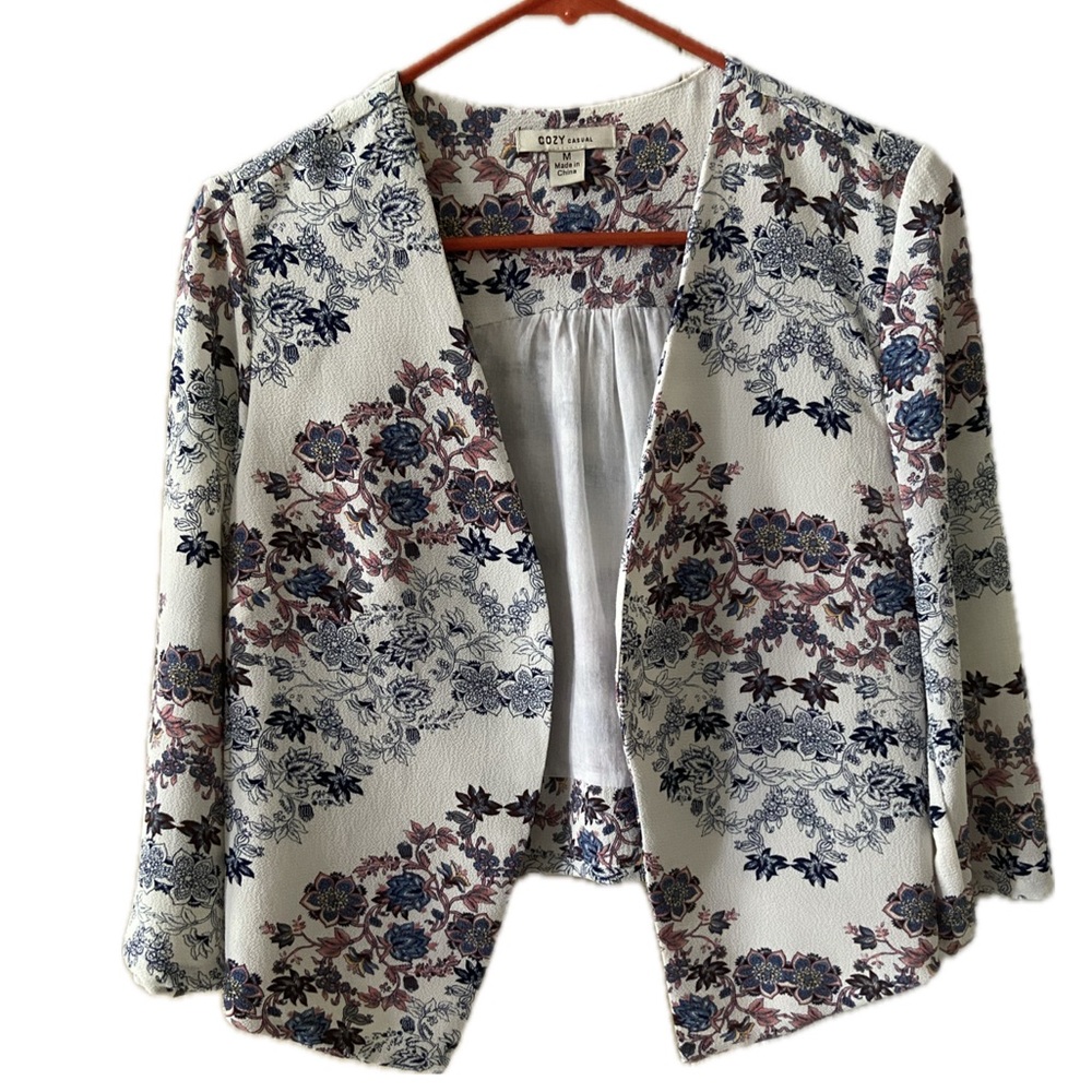 Women's Floral Blazer in White, Blue and Pink